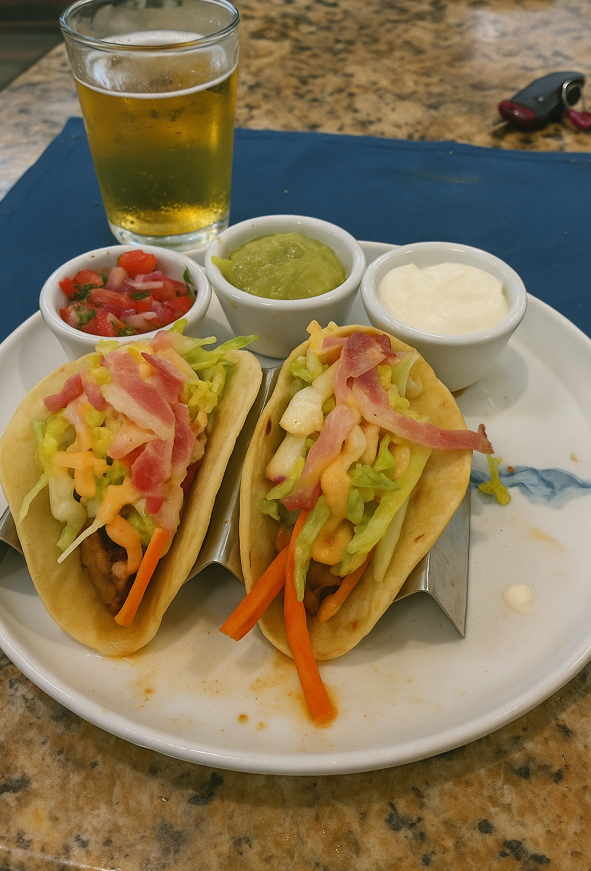 Tacos on a white plate. Blu Ocean Restaurant.