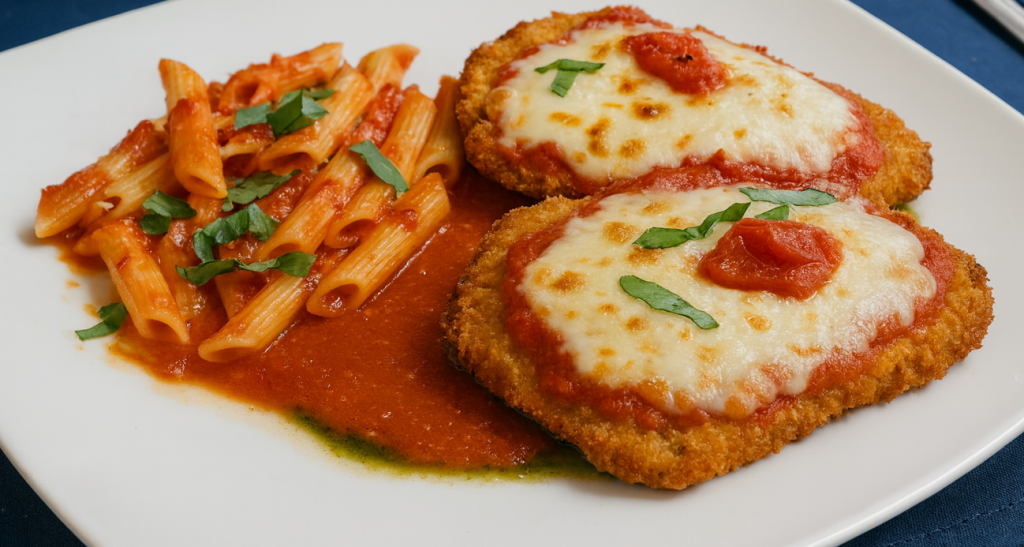 Chicken parm on a white plate.