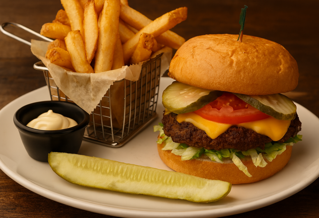 Cheeseburger and french fries.