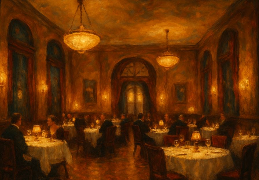 Painting of an old style Italian restaurant.