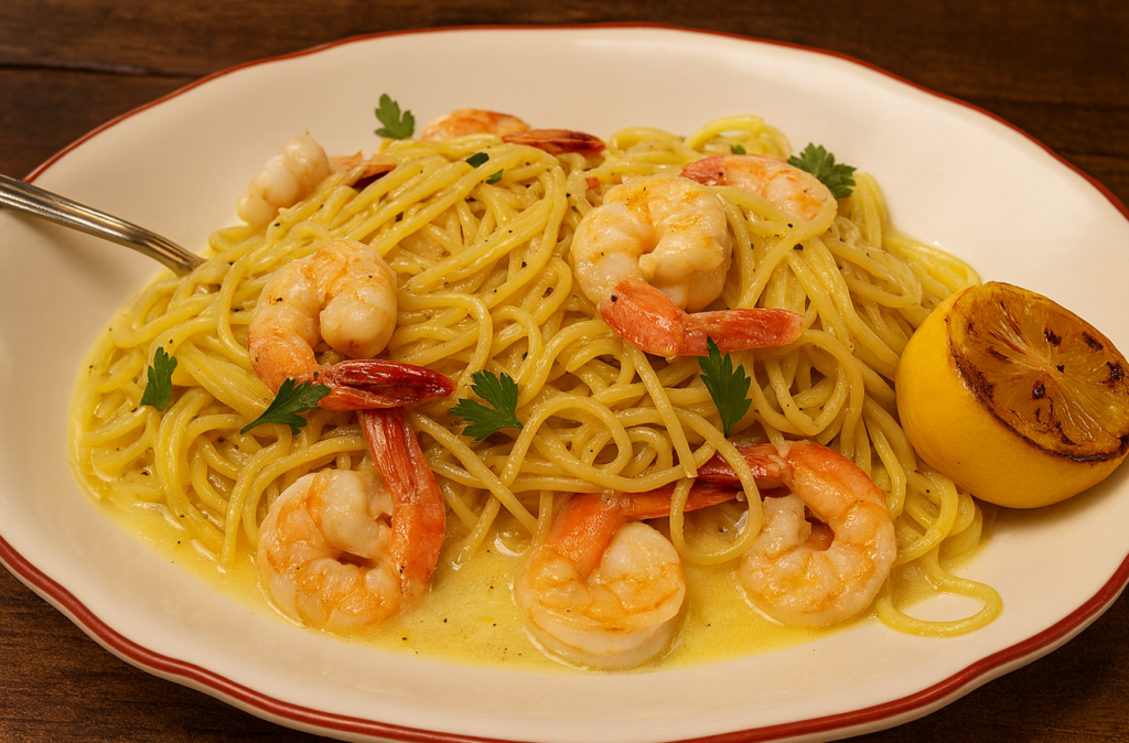 Shrimp Pasta on a white plate.