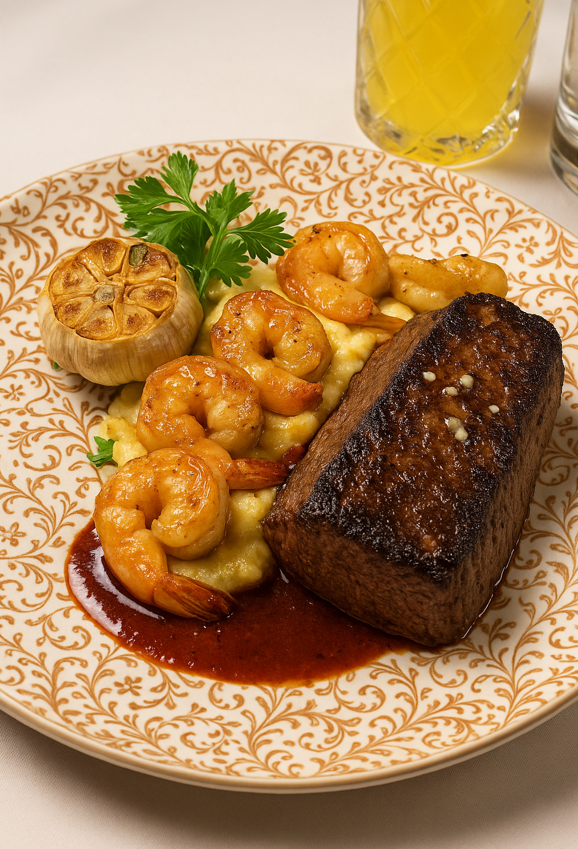 Steak and shrimp with mashed potatoes.